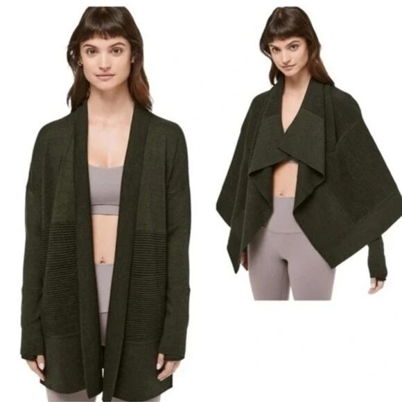Sz 6 Lululemon Sit In Lotus Wrap II Cardigan Olive Merino Wrap Sweater Yoga Cozy - Picture 1 of 9